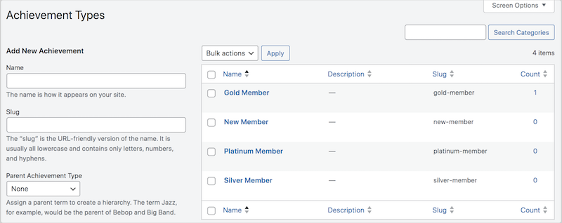 The Achievement Types screen of the myCred addon.