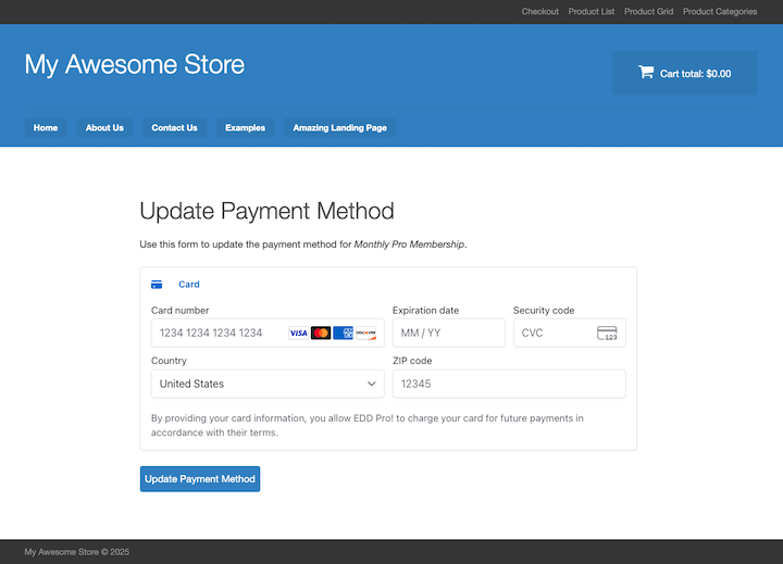 The Recurring Payments Stripe subscription payment update form to reduce involuntary churn in Easy Digital Downloads.