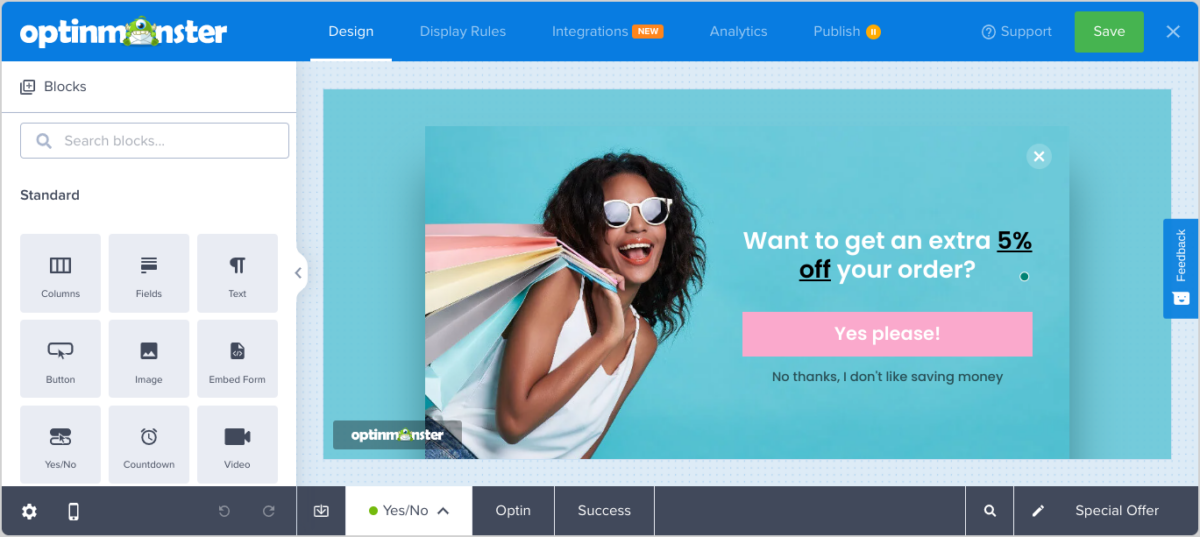 The OptinMonster popup builder drag-and-drop editor.