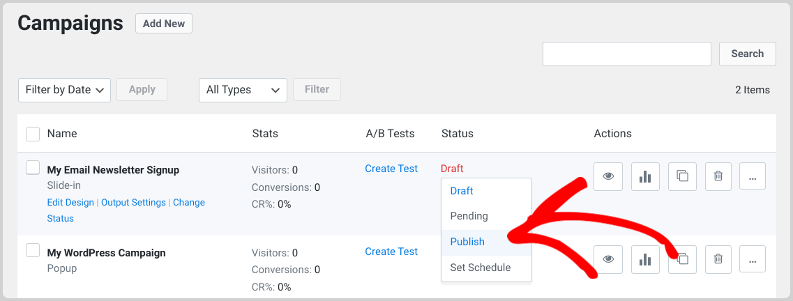 The option to publish an email newsletter signup form in WordPress.