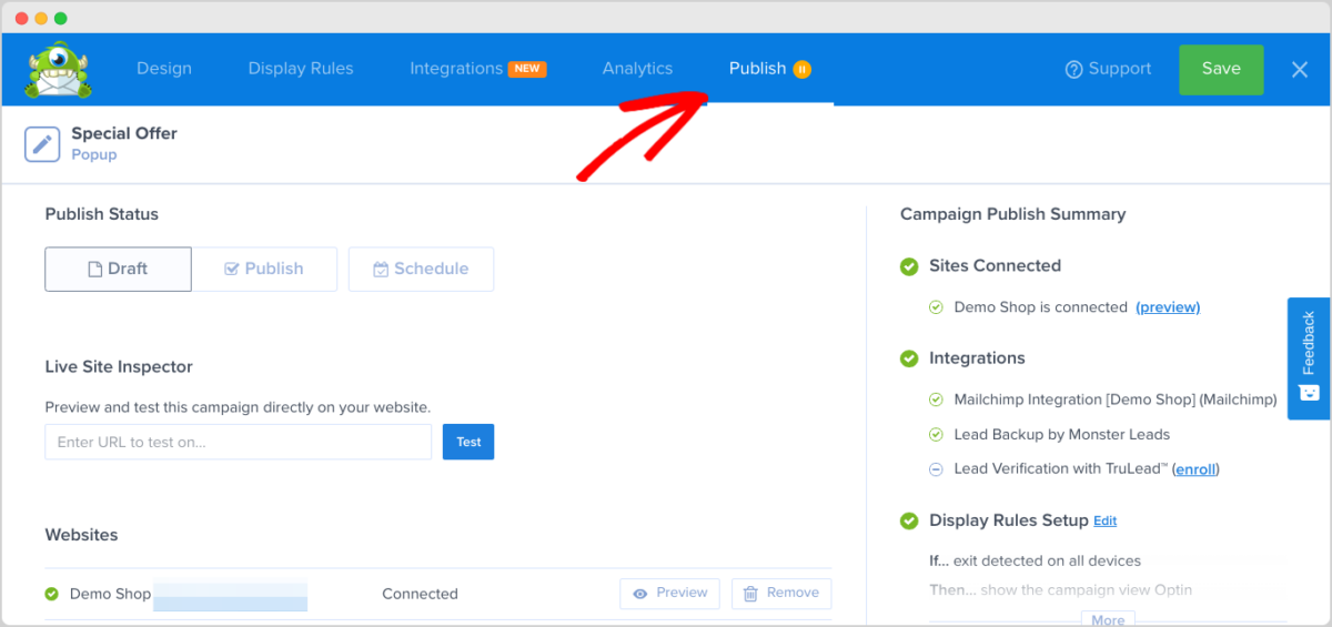 The Publish tab in OptinMonster.