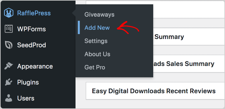 The option to add a new RafflePress online giveaway in WordPress.