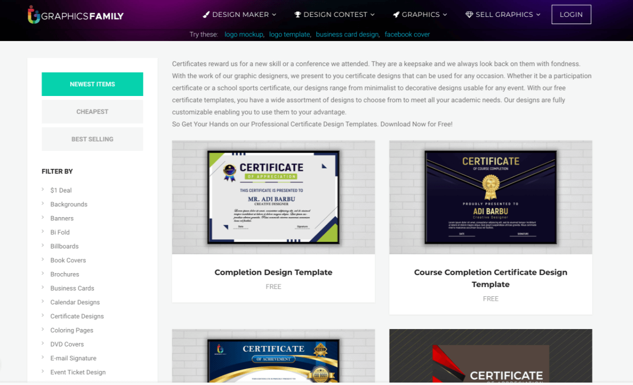 Screenshot: Graphics Family; a site that uses EDD to sell graphics and digital art