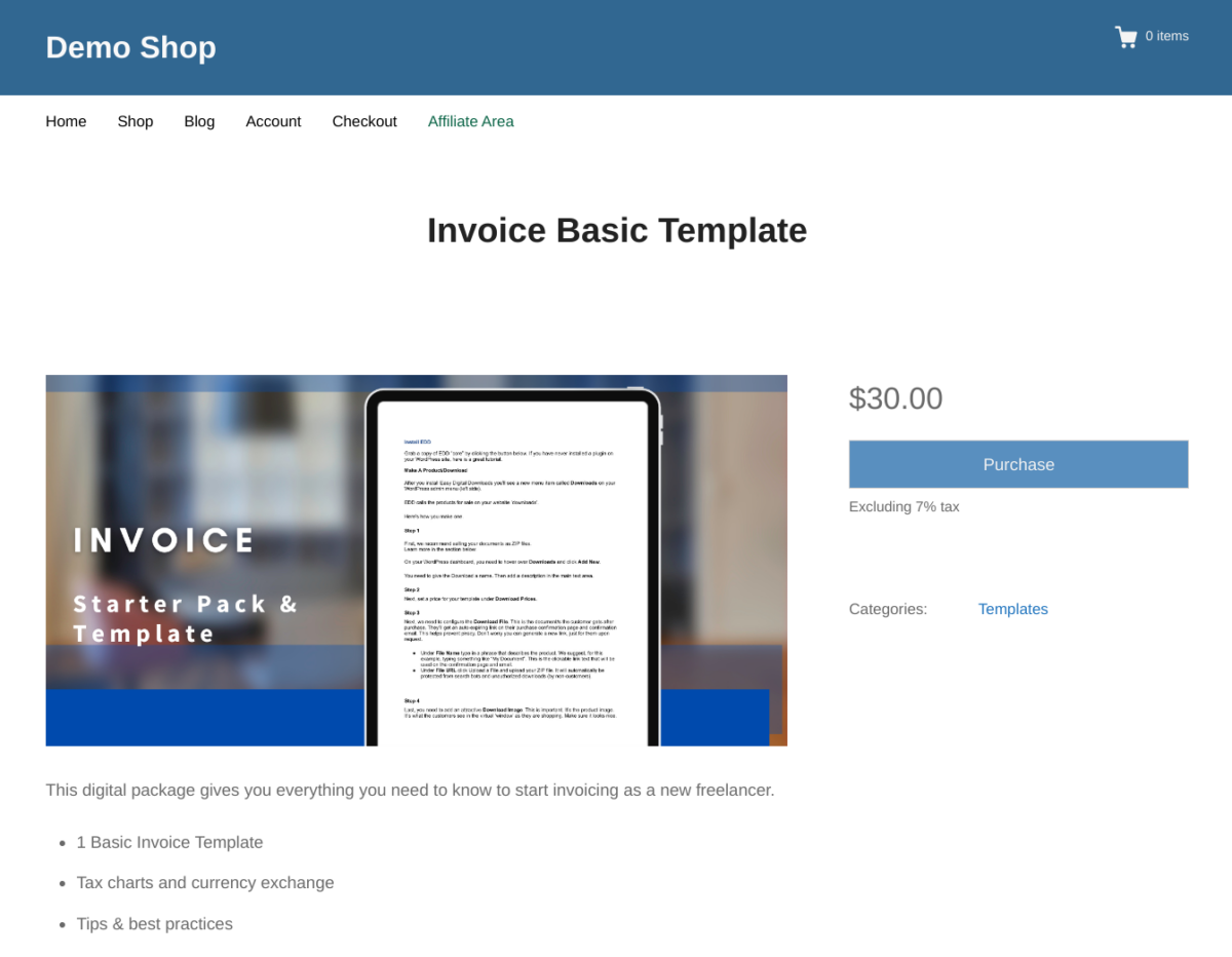 A product page demo to sell digital products in WordPress.