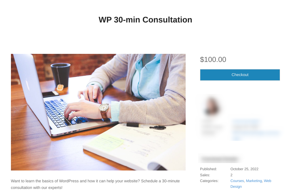 The preview page of a download to sell as a service in WordPress.