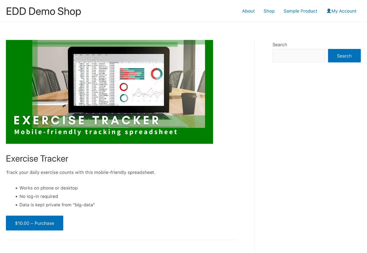 An EDD product page used to sell digital downloads with Stripe in WordPress.