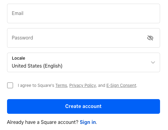 Sign up form to create new Square account.