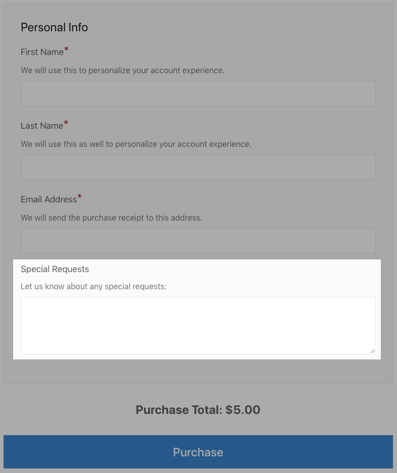 screenshot of checkout form with custom text field