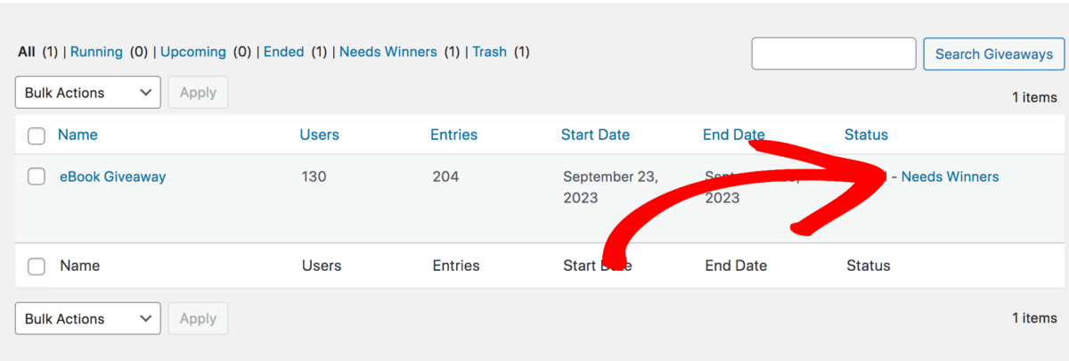 The Needs Winners options to select online giveaway winners.
