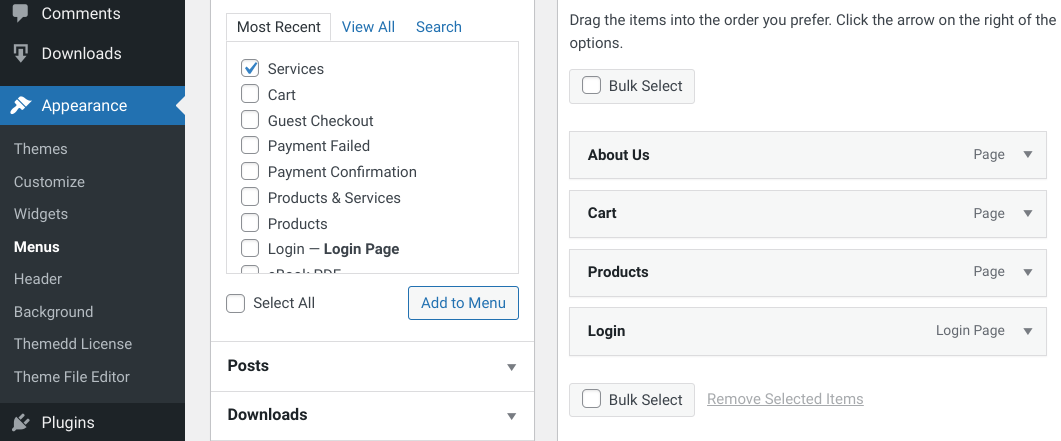Adding a Services page to a WordPress menu.