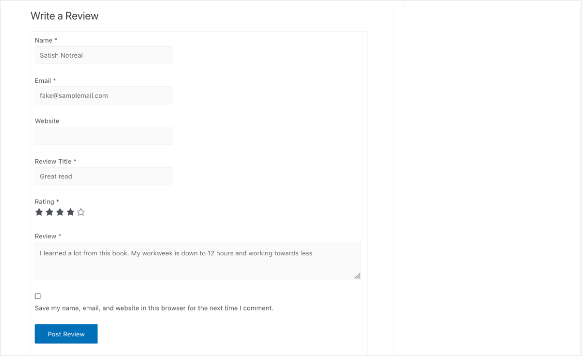 A review form in WordPress.